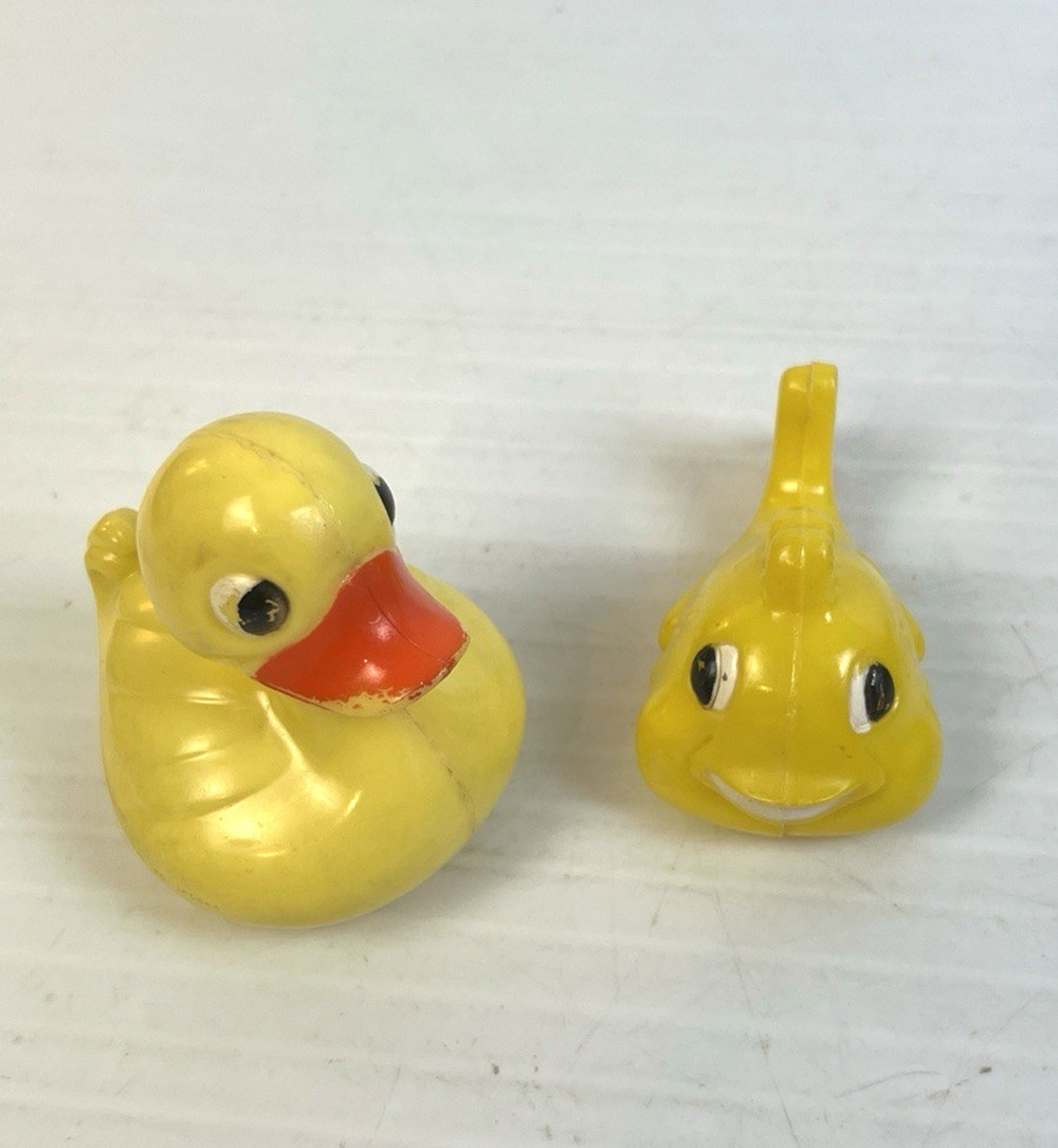 Duck and Fish Plastic Baby Rattle and Tub Toy Vintage MCM 50's / 60's Yellow